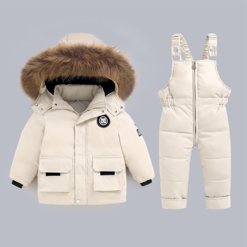 戶外冬裝歐美滑雪服兒童羽絲絨絲服保暖套裝加厚兩件套