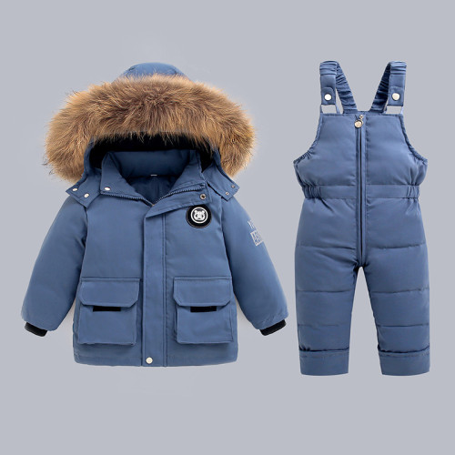 戶外冬裝歐美滑雪服兒童羽絲絨絲服保暖套裝加厚兩件套