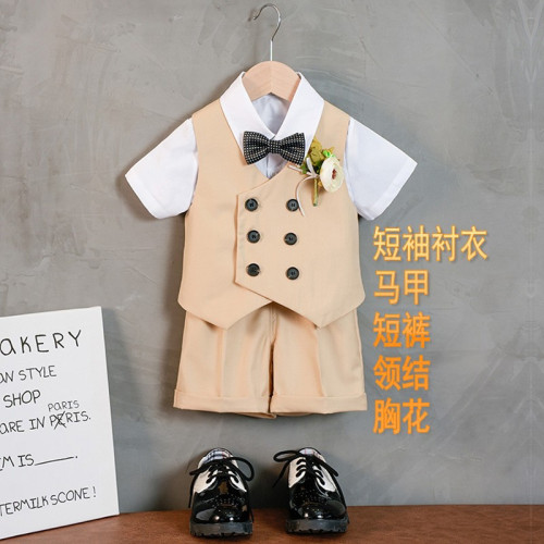 兒童套裝新款春夏短袖馬甲套男童花禮服中小童寶寶周嵗生日宴會服