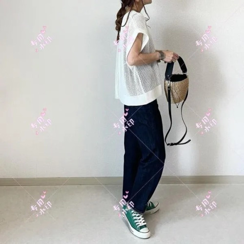 2023年夏季新款性感鏤空微透針織網衫寬松圓領套頭短袖休閒上衣女