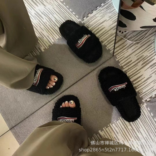 巴黎毛毛拖鞋女外穿2024新款字母刺綉厚底羊羔毛秋冬平底一字拖鞋