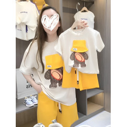 2395網紅炸街親子裝母子母女一家三四口高級小熊戴帽班服短袖嬰兒