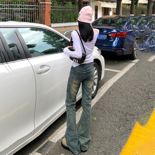 美式辣妹做舊牛仔微喇褲女2024年春秋新款低腰修身顯瘦彈力喇叭褲