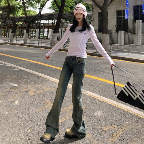 美式辣妹做舊牛仔微喇褲女2024年春秋新款低腰修身顯瘦彈力喇叭褲