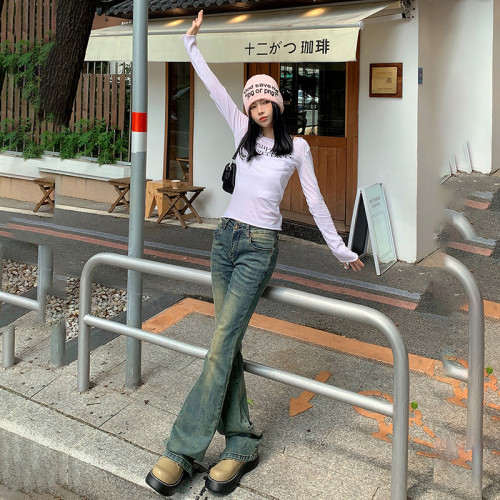 美式辣妹做舊牛仔微喇褲女2024年春秋新款低腰修身顯瘦彈力喇叭褲