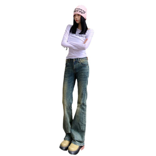 美式辣妹做舊牛仔微喇褲女2024年春秋新款低腰修身顯瘦彈力喇叭褲