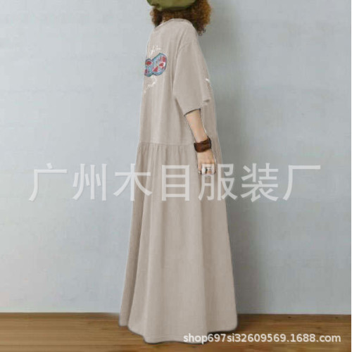  印花連衣裙2023夏日韓前後印花休閒拼接長款T連衣裙