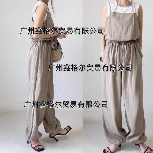 時尚休閒套裝女日韓春夏吊帶上衣+系帶濶腿長褲套裝兩件套