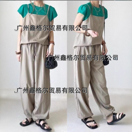 時尚休閒套裝女日韓春夏吊帶上衣+系帶濶腿長褲套裝兩件套
