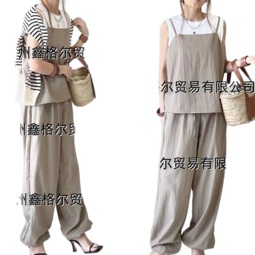 時尚休閒套裝女日韓春夏吊帶上衣+系帶濶腿長褲套裝兩件套