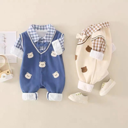 嬰幼兒春秋連體衣網紅外出服雙層男寶寶周嵗洋氣卡通紳士哈衣爬服