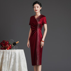 高級大氣婚宴裝秋裝結婚禮服中年媽媽酒紅連衣裙改良旗袍