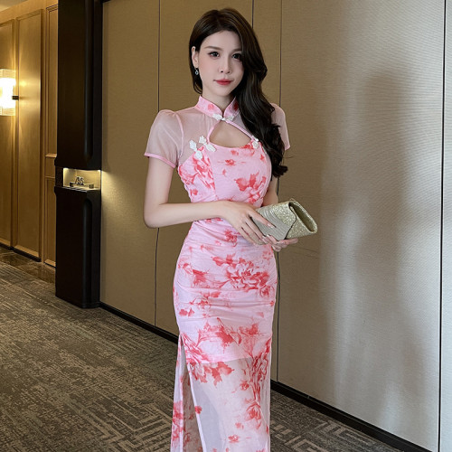 夜總會性感包臀桑拿技師時尚氣質晚禮服酒吧K歌沐足碎花旗袍長裙