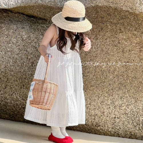 女童吊帶裙2024春夏新品兒童拼接氣質蛋糕裙簡約風長裙夏季連衣裙