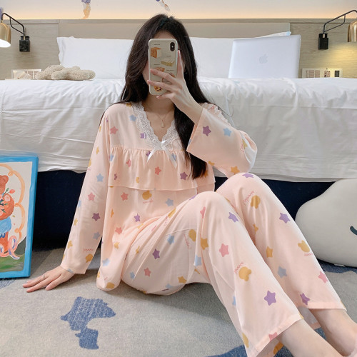 春秋女士棉綢睡衣蕾絲邊印花長袖長褲兩件套防凸點可愛薄款睡衣