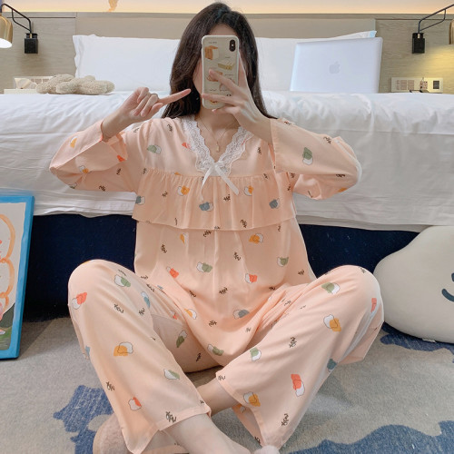春秋女士棉綢睡衣蕾絲邊印花長袖長褲兩件套防凸點可愛薄款睡衣