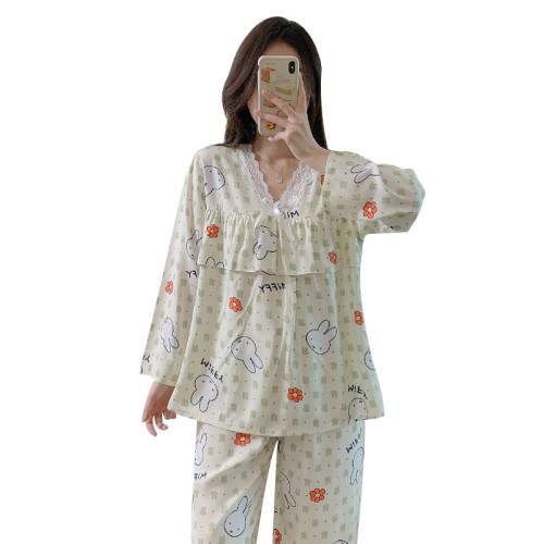 春秋女士棉綢睡衣蕾絲邊印花長袖長褲兩件套防凸點可愛薄款睡衣