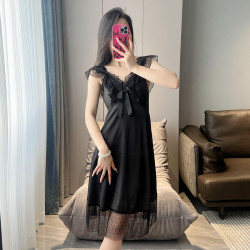 睡衣女春夏天冰絲綢無袖套頭中款睡裙性感帶胸墊薄款吊帶裙V領