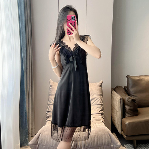 睡衣女春夏天冰絲綢無袖套頭中款睡裙性感帶胸墊薄款吊帶裙V領