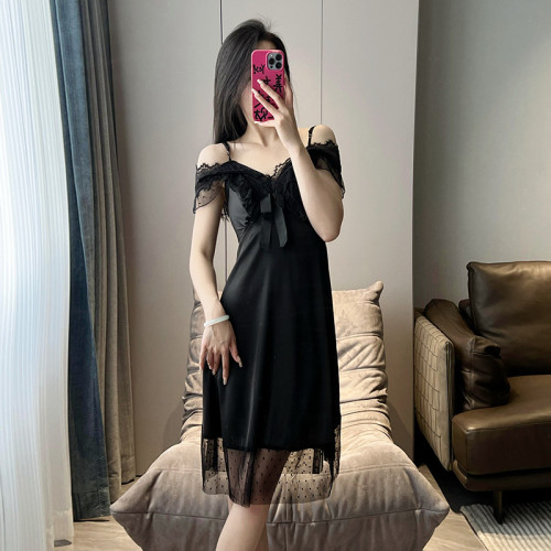 睡衣女春夏天冰絲綢無袖套頭中款睡裙性感帶胸墊薄款吊帶裙V領