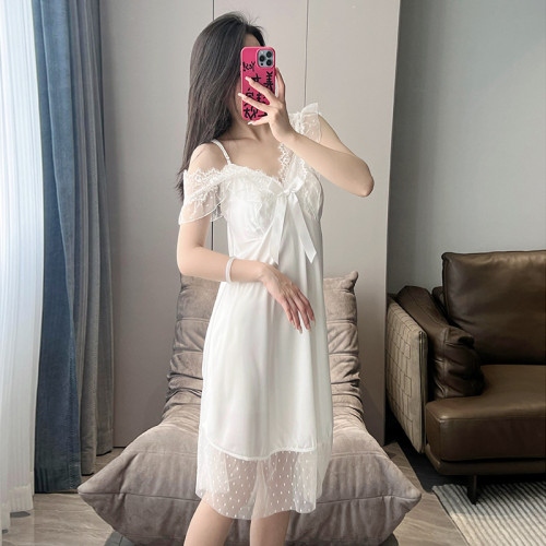 睡衣女春夏天冰絲綢無袖套頭中款睡裙性感帶胸墊薄款吊帶裙V領