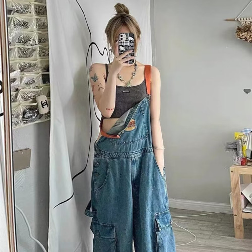 美式復古牛仔背帶褲春秋季女顯瘦小個子工裝寬松直筒濶腿拖地褲