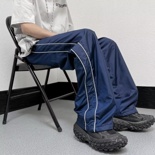 美式機能沖鋒褲戶外防水褲子男美式高街vibe冰絲濶腿褲條紋休閒褲
