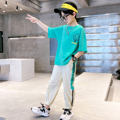 男童夏季套裝2024新款大兒童洋氣帥氣運動休閒搞怪塗鴉短袖兩件套