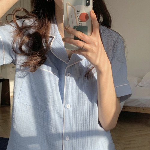 夏天純棉紗布睡衣女甜美少女風薄款寬松短袖短褲可外穿家居服套裝