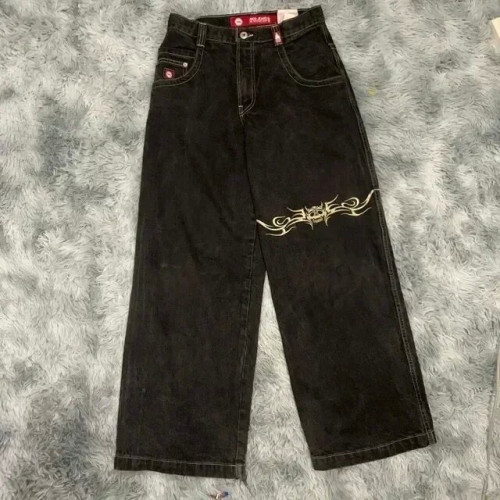 寬松牛仔褲男士復古印花嘻哈哥特街頭服飾原宿男士休閒褲