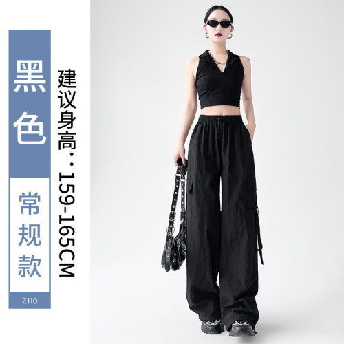 白色速乾工裝褲女2024新款夏季薄款高腰冰絲濶腿褲休閒美式運動褲