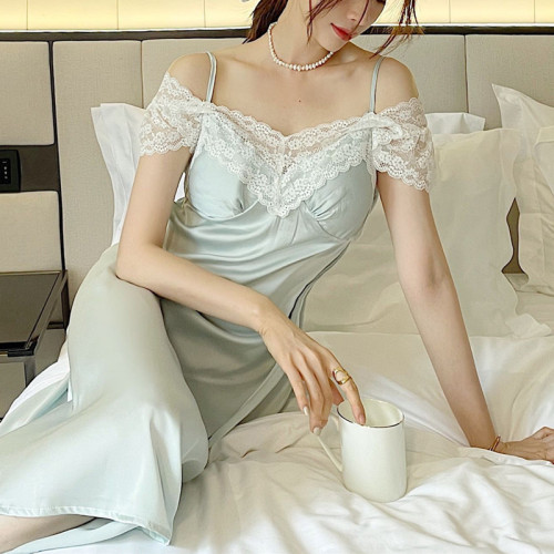 性感睡衣女夏季冰絲薄款吊帶短袖蕾絲中長款高級感純欲帶胸墊睡裙