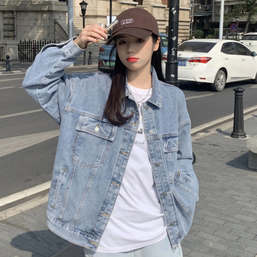 歐洲站春秋新款韓版寬松淺藍色夾克寬松牛仔外套女上衣BF風慵懶風
