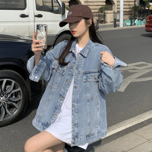 歐洲站春秋新款韓版寬松淺藍色夾克寬松牛仔外套女上衣BF風慵懶風