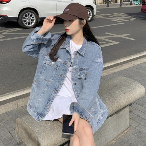 歐洲站春秋新款韓版寬松淺藍色夾克寬松牛仔外套女上衣BF風慵懶風