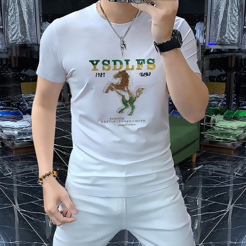 重工潮流刺綉男士短袖圓領衫絲光棉男裝半袖舒適透氣夏季新款體恤