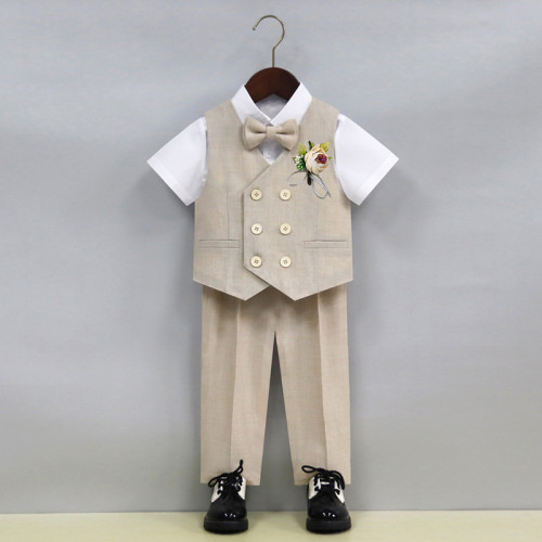 男童馬甲套裝春夏新款短袖中小童演出服兒童演講寶寶周嵗花童禮服