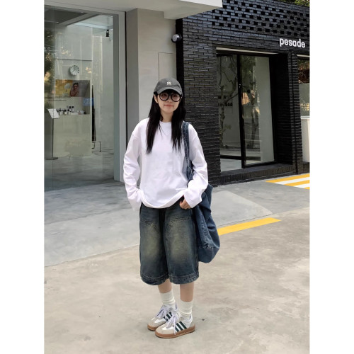 美式復古水洗小衆牛仔短褲女裝夏季新款直筒濶腿做舊休閒七分褲子