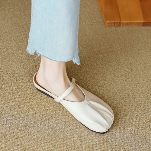 威威女郎 993-2一腳蹬包頭半拖鞋女平底一字帶法式褶皺涼拖鞋軟底