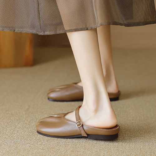 威威女郎 993-2一腳蹬包頭半拖鞋女平底一字帶法式褶皺涼拖鞋軟底