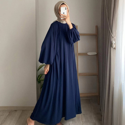 歐美春秋季新款穆斯林女裝純色優雅時尚寬松套頭連衣