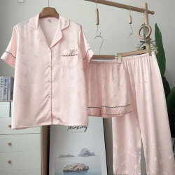 春秋季短袖長褲冰絲睡衣女可愛小櫻桃提花純色網紅可外穿家居服夏