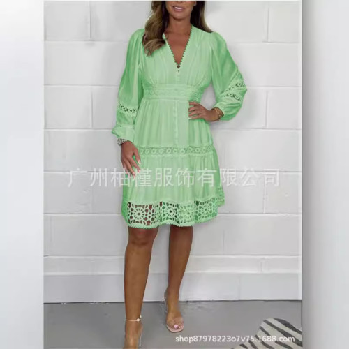 歐美春季女裝復古鏤空花邊拼接純色圓領寬松大碼長款連衣裙