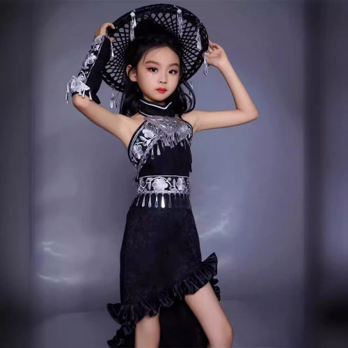 女童民族風苗疆風服裝8潮服無袖背心拖尾裙9黑白配色7春夏中大童6