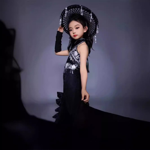 女童民族風苗疆風服裝8潮服無袖背心拖尾裙9黑白配色7春夏中大童6