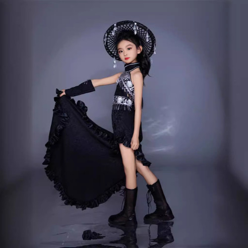 女童民族風苗疆風服裝8潮服無袖背心拖尾裙9黑白配色7春夏中大童6