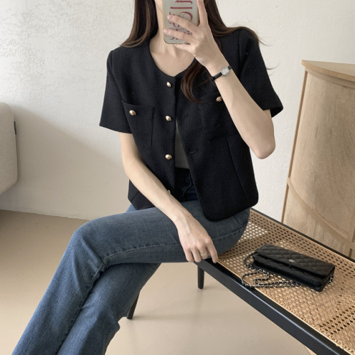 韓國chic夏季復古小香風圓領金屬紐釦寬松百搭短袖粗花呢外套女