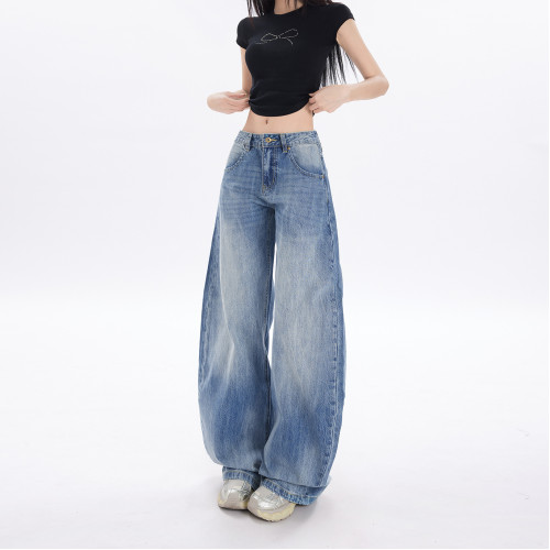 美式復古濶腿彎刀牛仔褲女2025夏季設計感水洗寬松垂感香蕉褲子