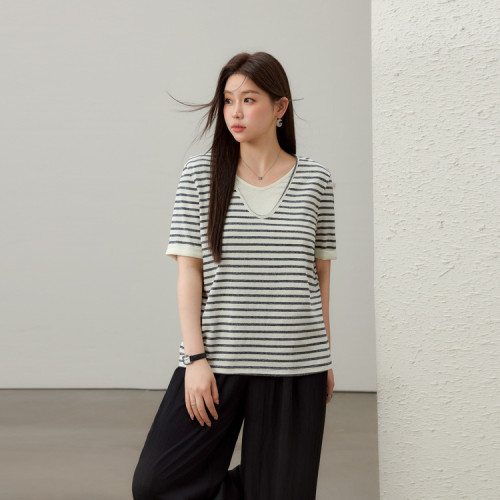 【慵懶復古條紋知性假兩件T恤】纖莉秀大碼女裝胖mm2025夏裝新款