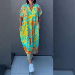 歐美女裝短袖新款V 領簡約印花休閒裙子寬松連衣裙口袋
